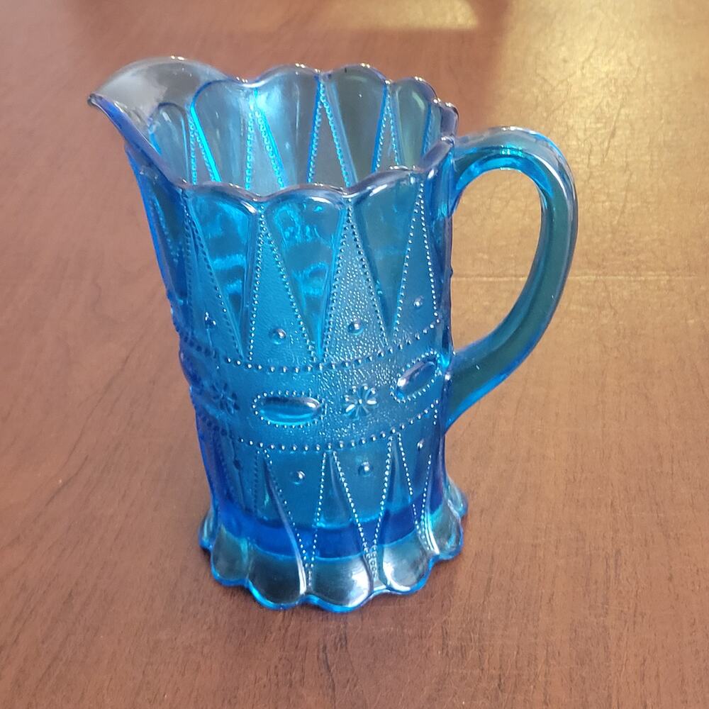 Vintage Turquoise Blue Pressed Glass  pitcher vase 8" tall